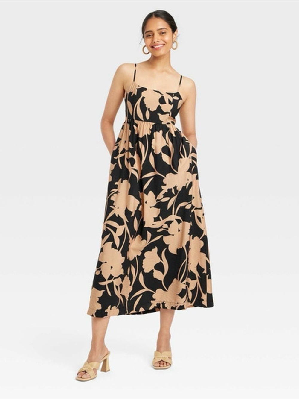 A New Day Black Maxi Dress with Tan + Floral Print Dress (M)